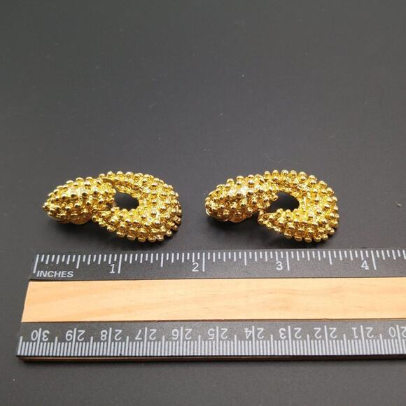 Vintage Brutalist Style Dangle Clip Earrings, Gold Tone, 1 3/4 Inches - Picture 3 of 8